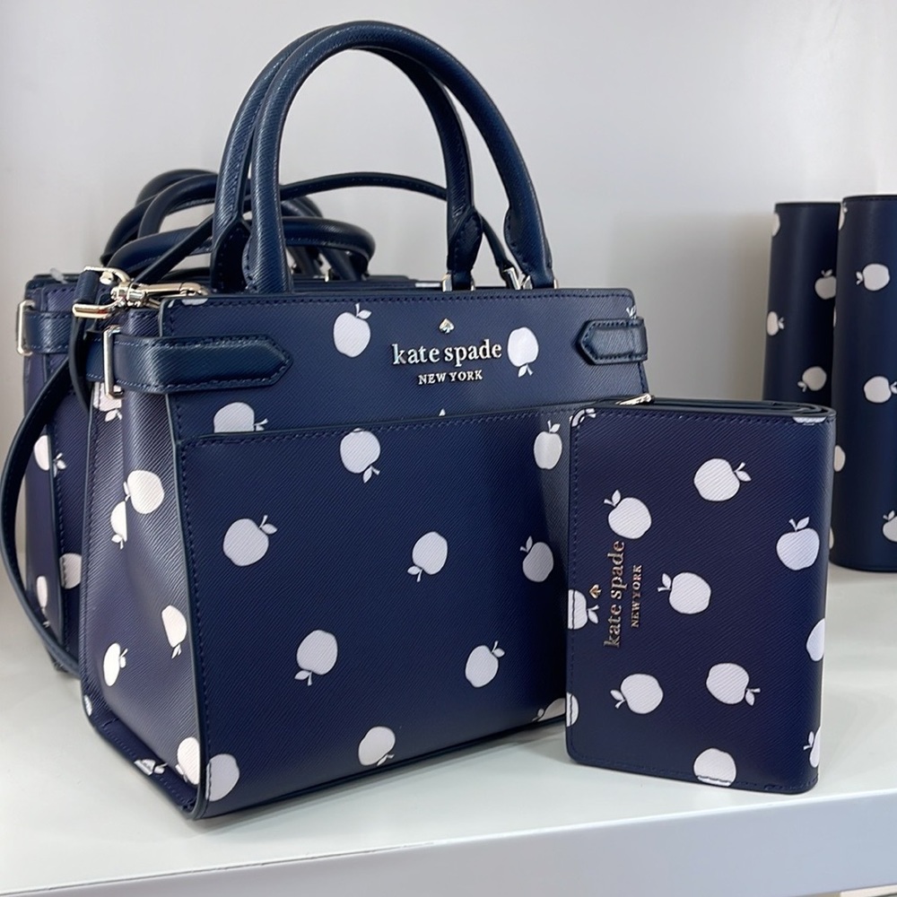 Kate Spade Staci Sm Satchel Orchard Toss Pr & Staci Lg White Apple Bifold Wallet - Picture 3 of 16